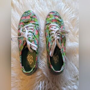 Vans Flamingo Print Low Top Canvas Sneakers Green and Pink sz 8.5